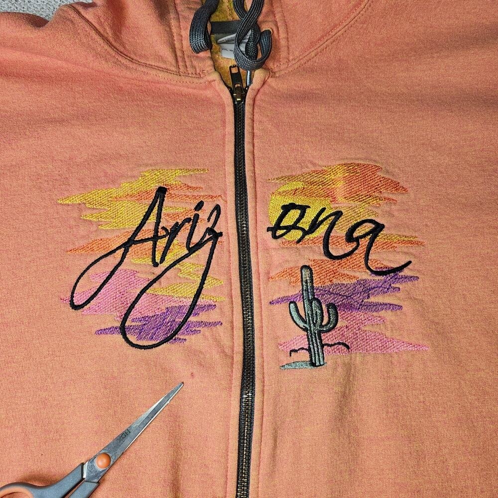 Arizona Zip Up Hoodie Sweatshirt Sweater Peach Embroidered Sunset Cactus 2X - Picture 8 of 10